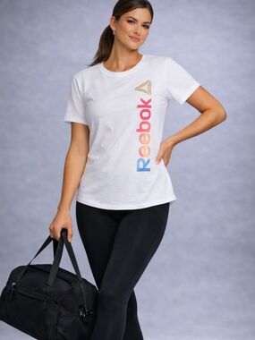 Reebok White Short-Sleeve Tee with Vertical Multicolor Logo